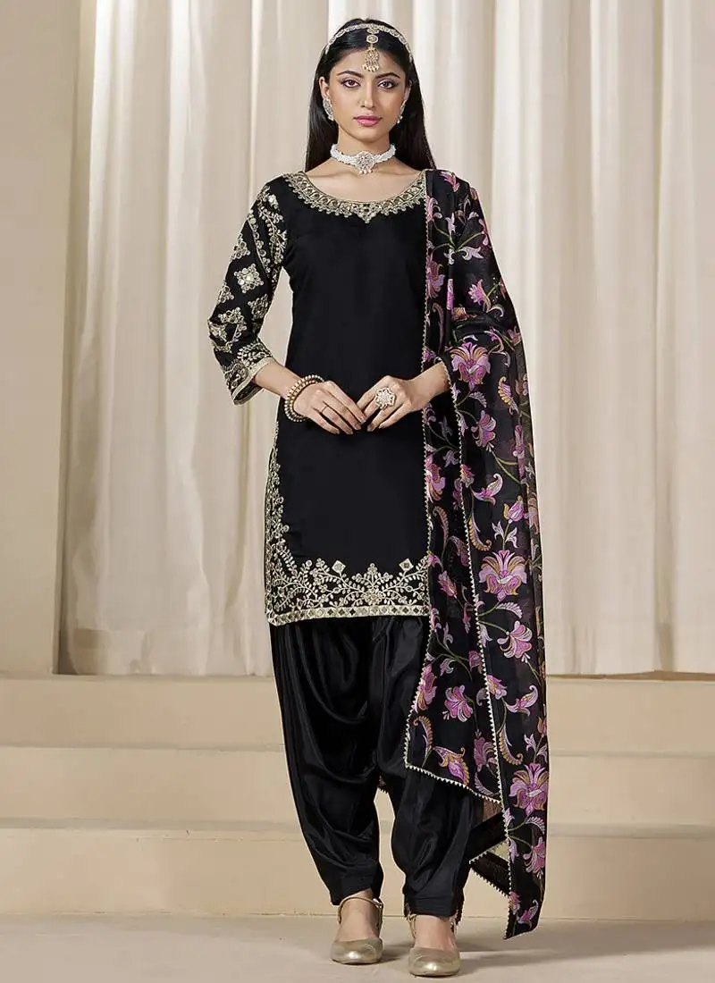 Black embroidered roman silk patiala suits semi stitched