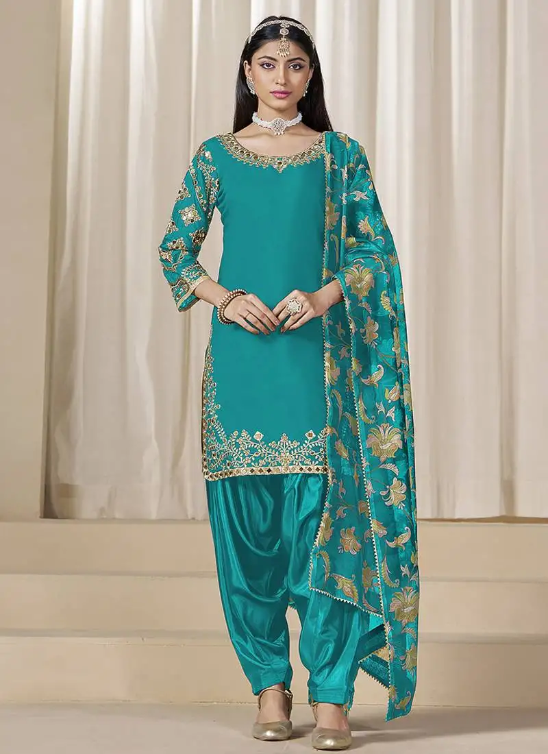 Teal blue embroidered roman silk patiala suits semi stitched