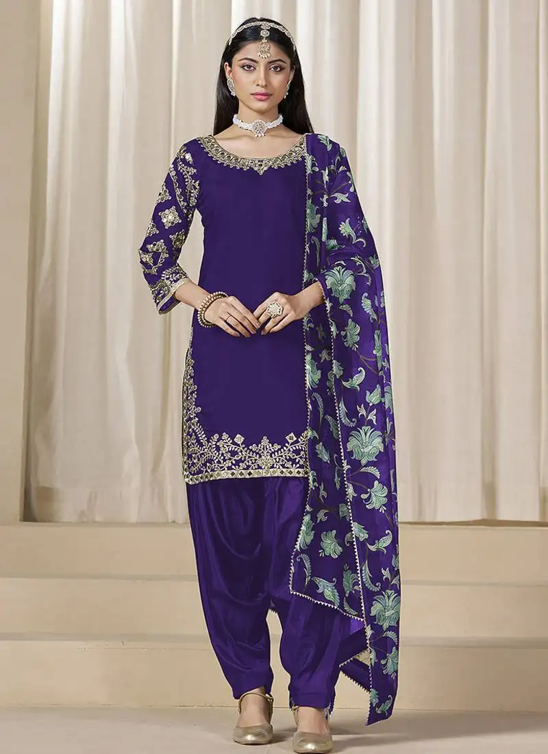 Purple embroidered roman silk patiala suits semi stitched