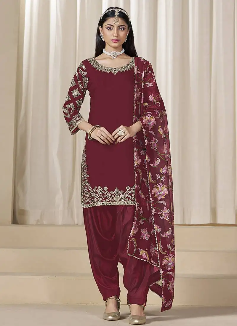 Maroon embroidered roman silk patiala suits semi stitched