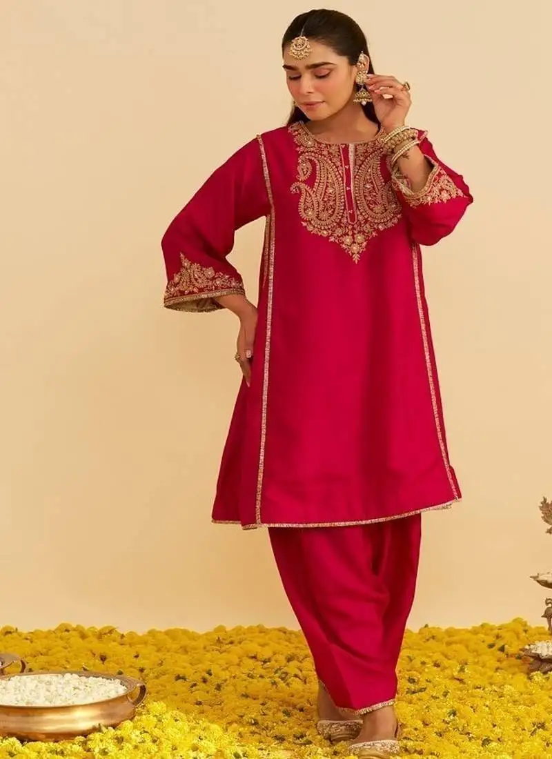 Hot pink embroidered silk kurta set