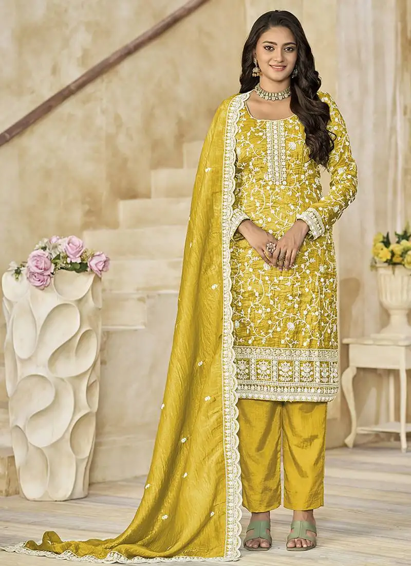 Mustard embroidered organza (crush fill) salwar kameez semi stitched