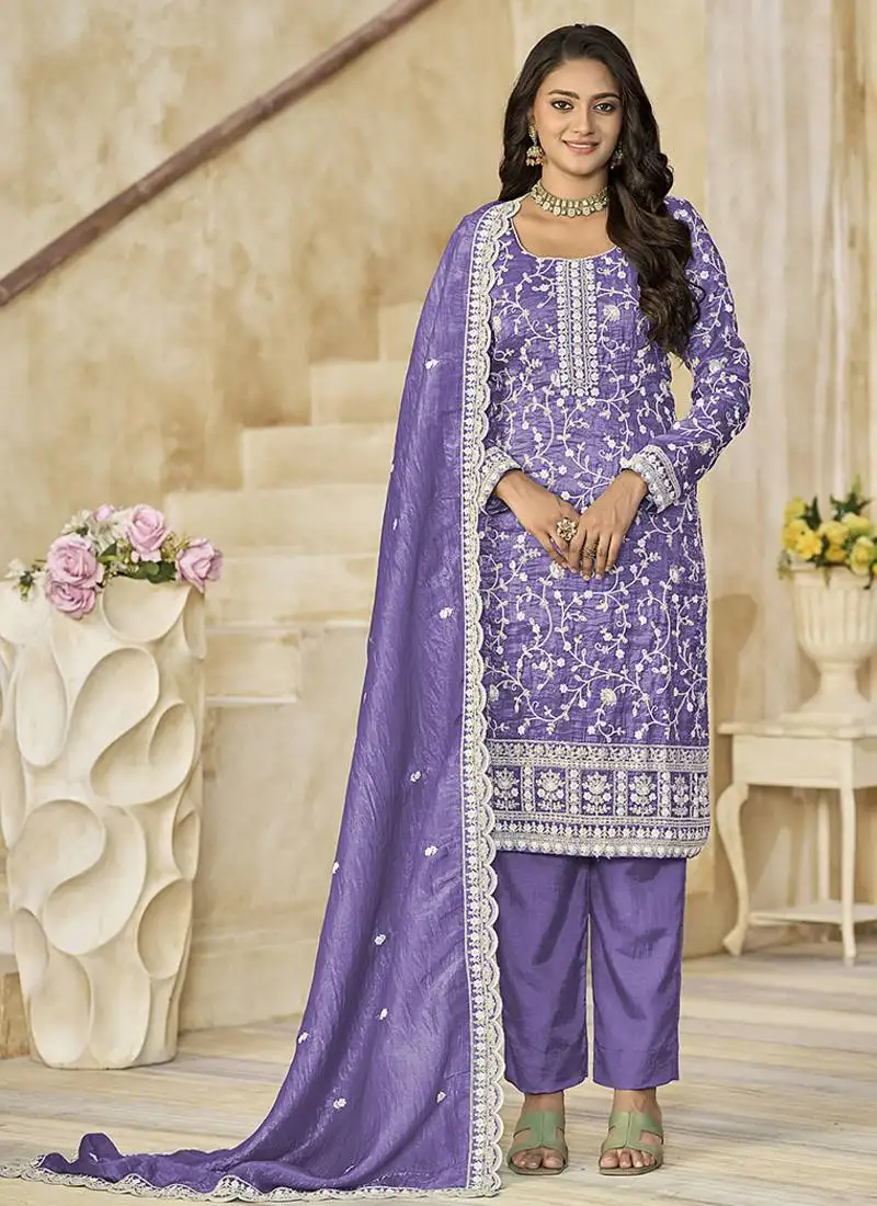 Purple embroidered organza (crush fill) salwar kameez semi stitched
