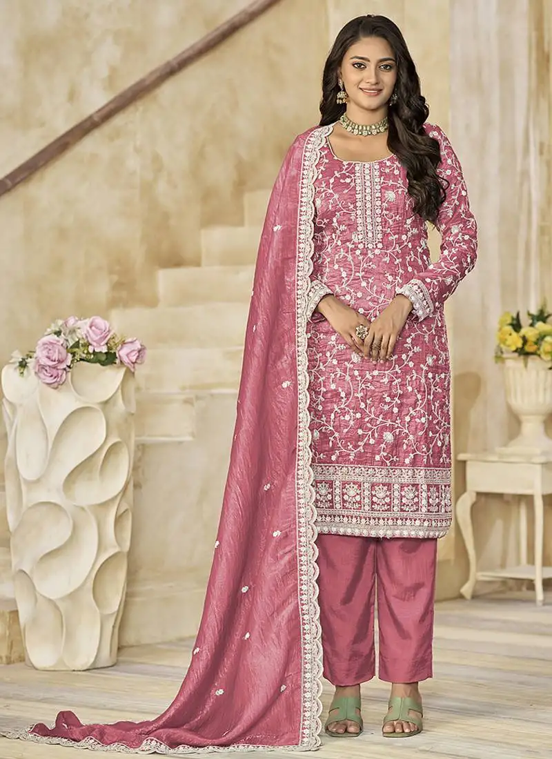 Pink embroidered organza (crush fill) salwar kameez semi stitched
