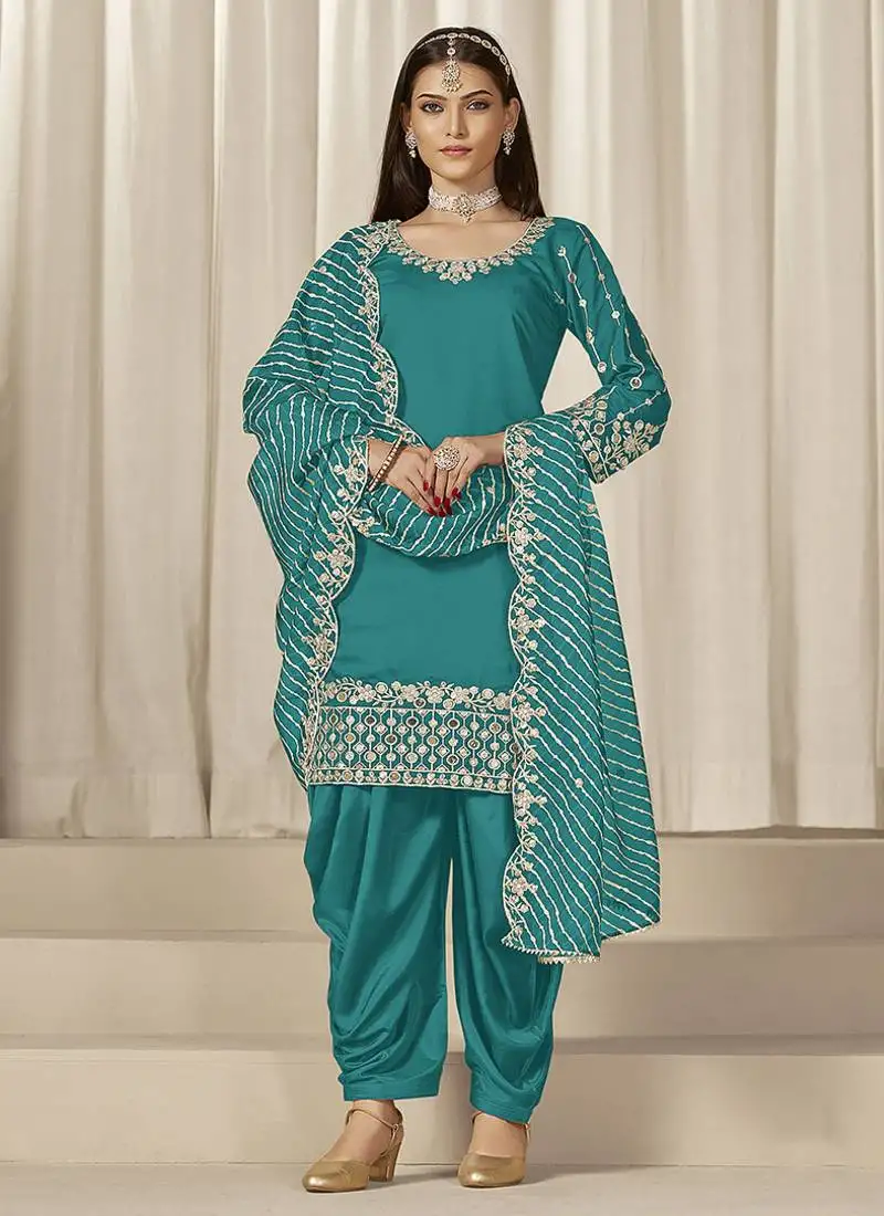 Rama blue embroidered roman silk patiala suits semi stitched