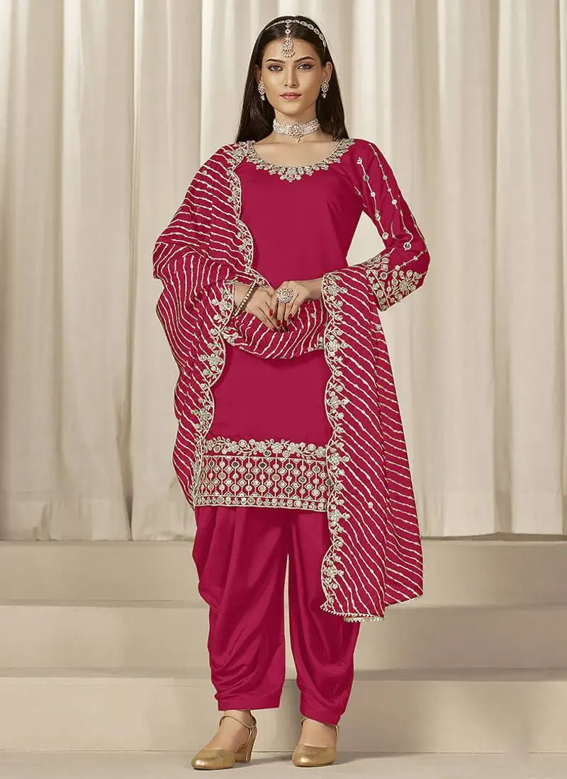 Rani pink embroidered roman silk patiala suits semi stitched