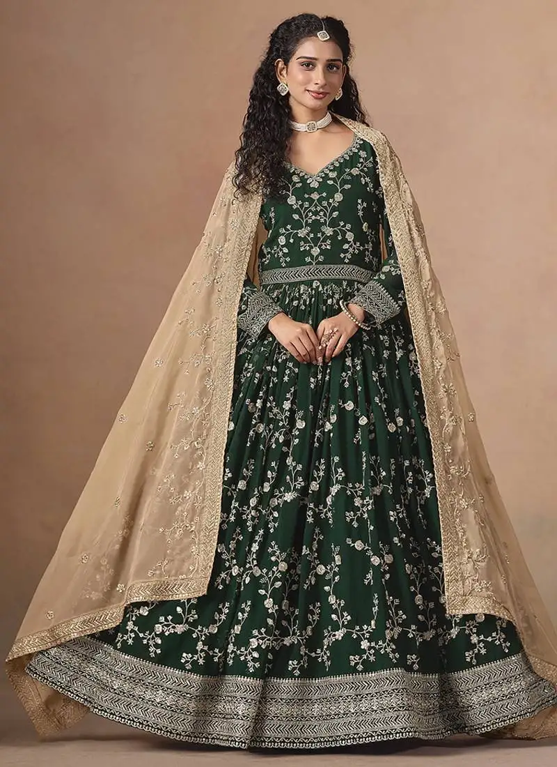 Green embroidered faux georgette anarkali suit semi stitched