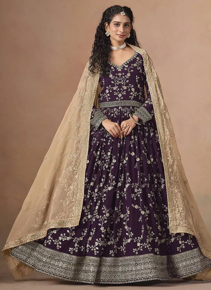 Purple embroidered faux georgette anarkali suit semi stitched