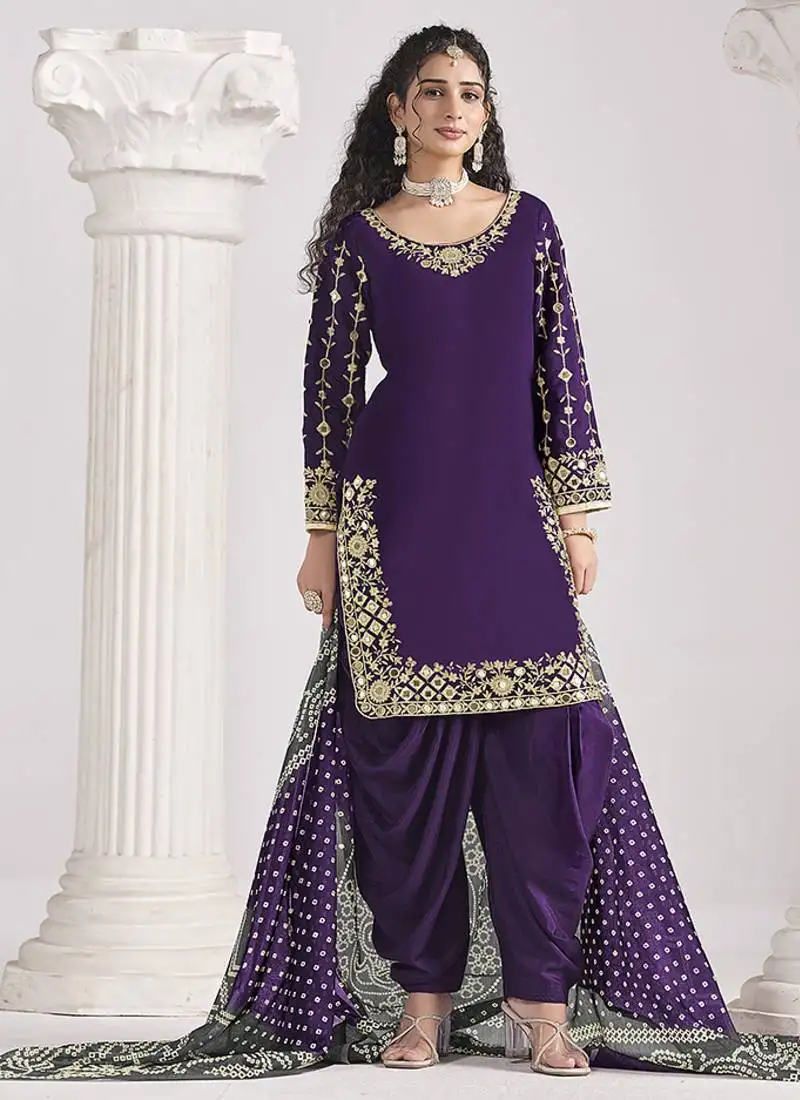 Purple embroidered & mirror roman silk patiala suits semi stitched