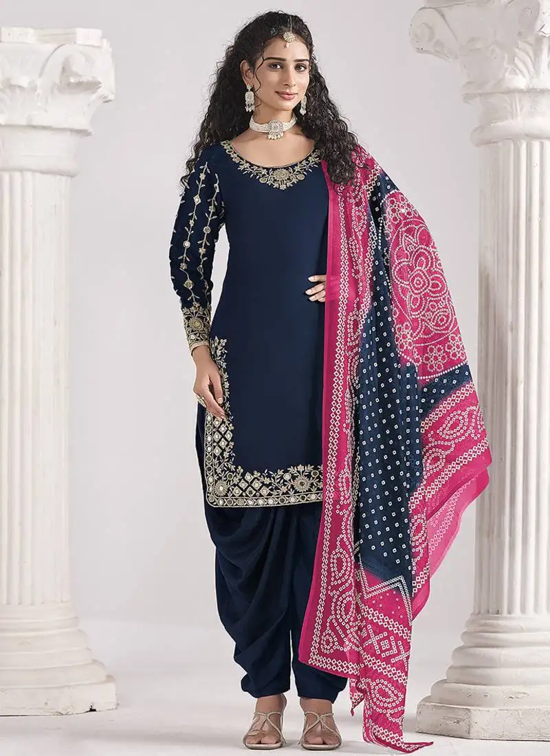 Blue embroidered & mirror roman silk patiala suits semi stitched