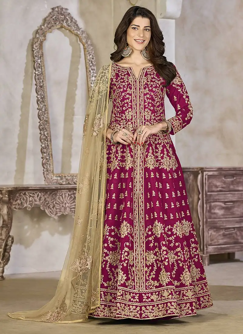 Rani pink embroidered art silk anarkali suit semi stitched