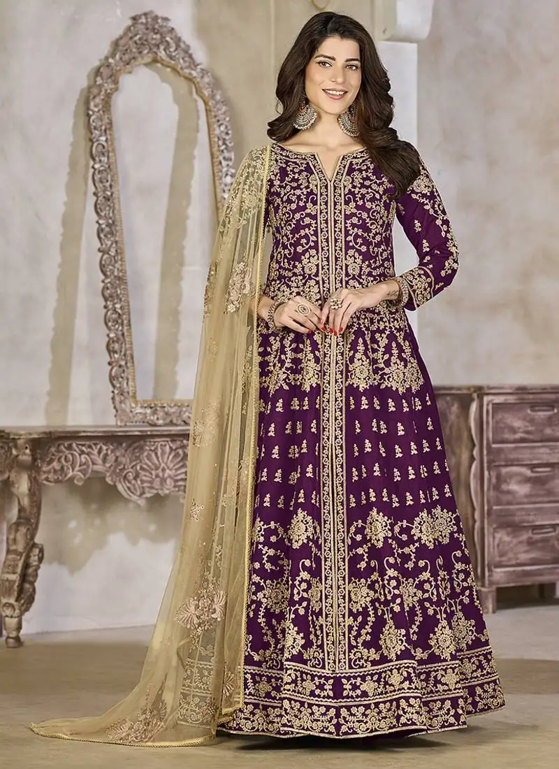 Purple embroidered art silk anarkali suit semi stitched