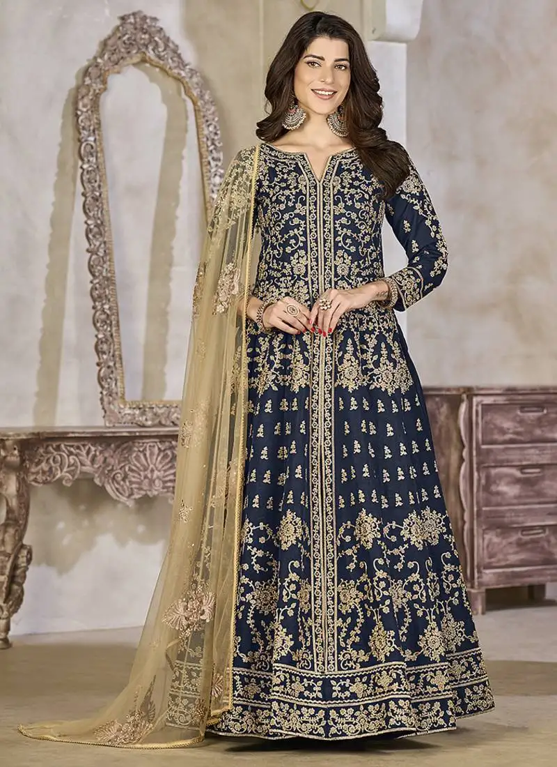 Blue embroidered art silk anarkali suit semi stitched