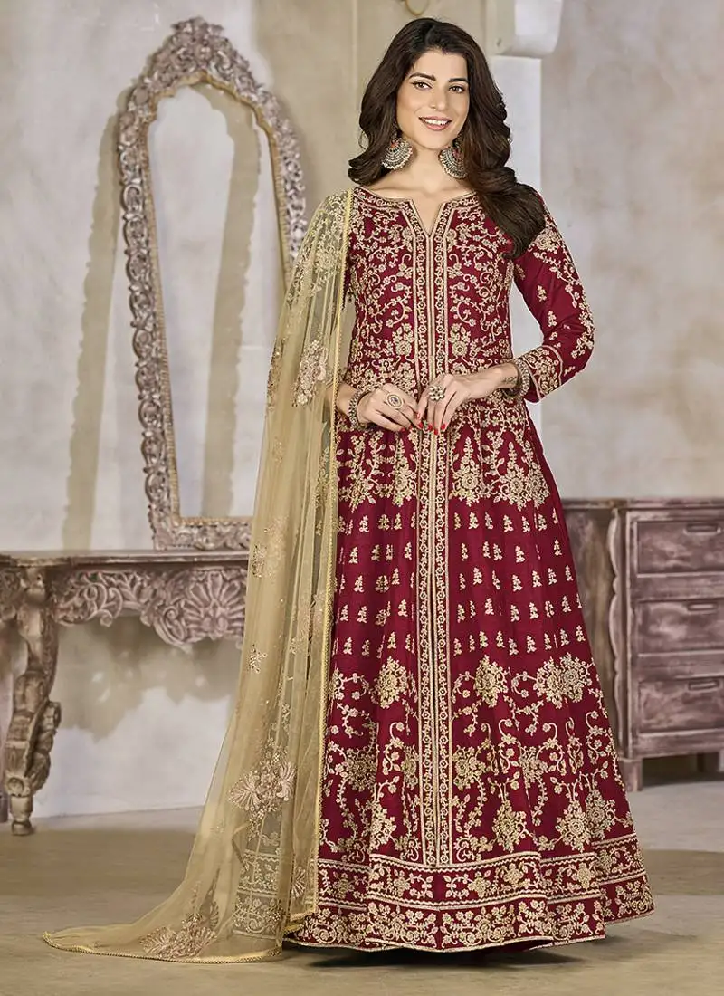 Maroon embroidered art silk anarkali suit semi stitched