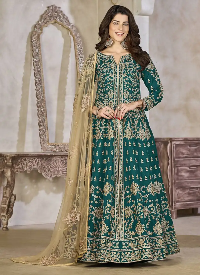 Green embroidered art silk anarkali suit semi stitched