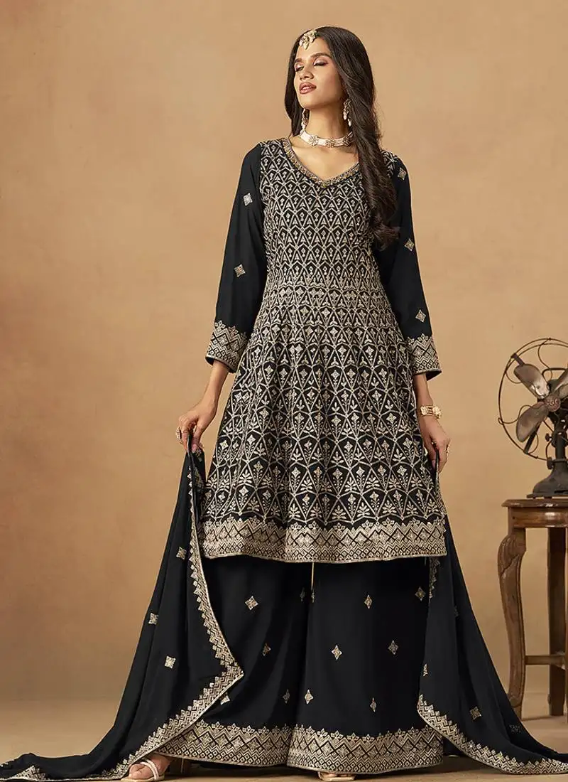 Black embroidered faux georgette palazzo suit semi stitched