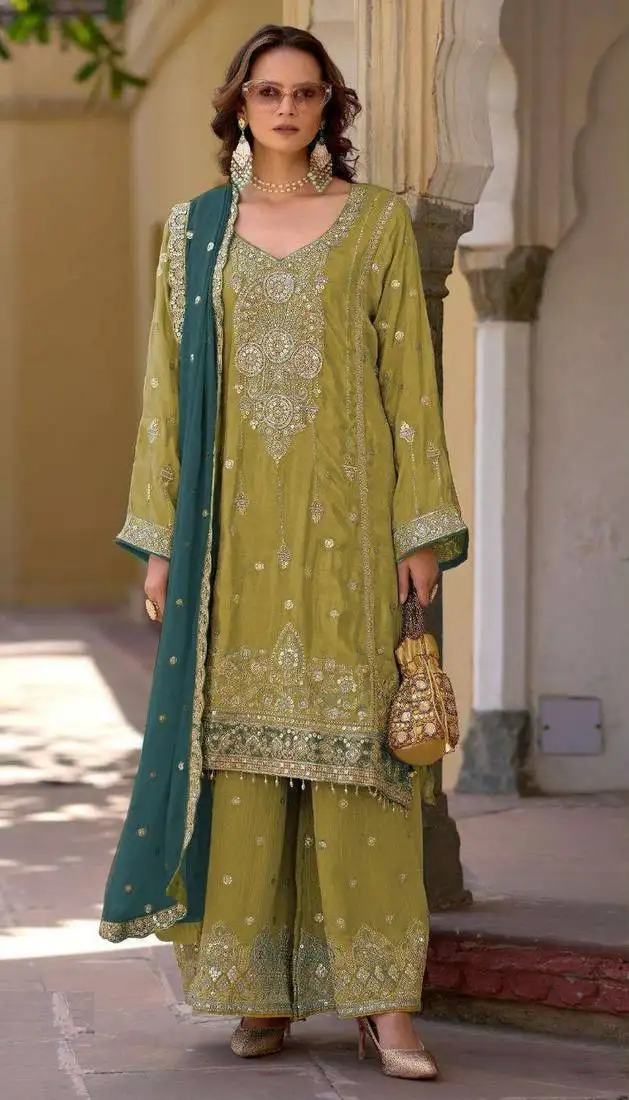 Mustard embroidered chinon semi-stitched palazzo style salwar suit semi stitched