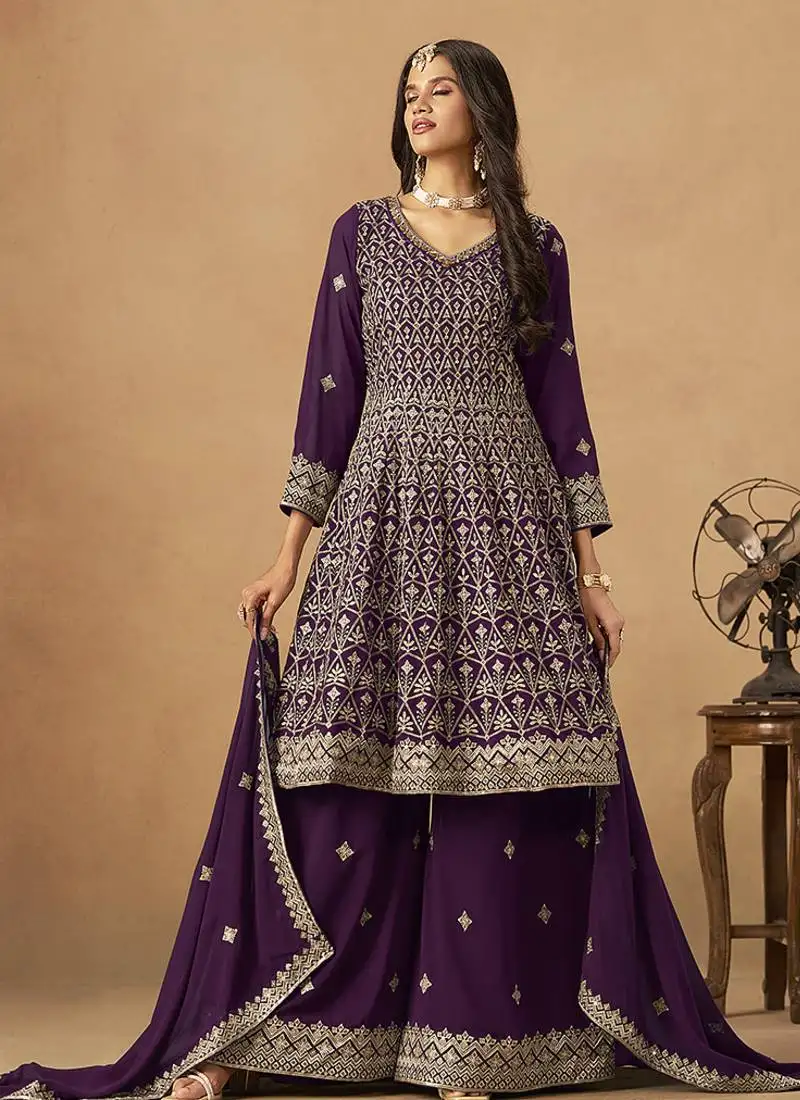 Purple embroidered faux georgette palazzo suit semi stitched