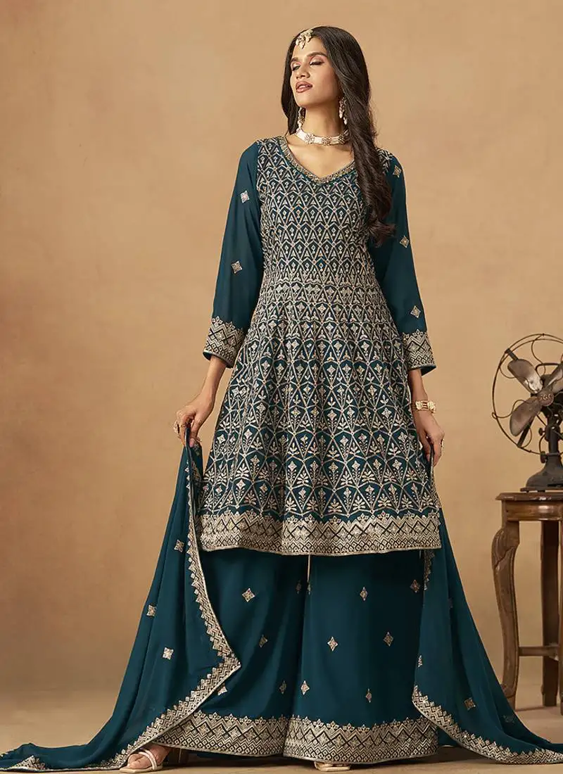 Rama blue embroidered faux georgette palazzo suit semi stitched