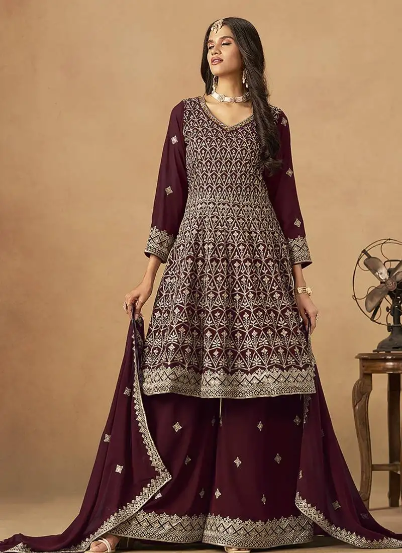 Maroon embroidered faux georgette palazzo suit semi stitched