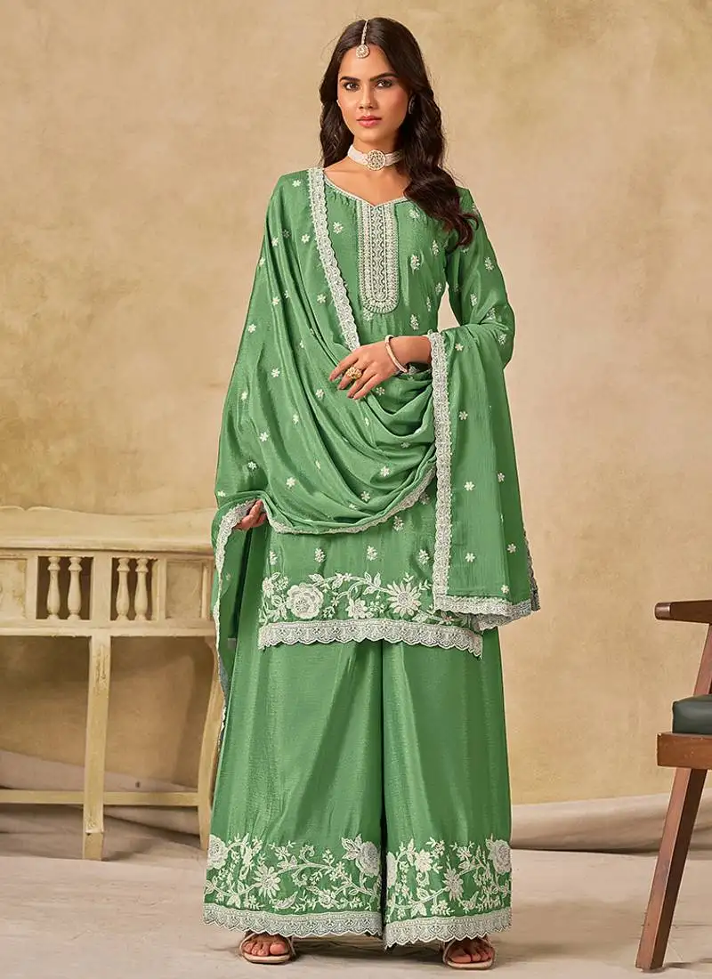 Green embroidered chinon palazzo suit semi stitched