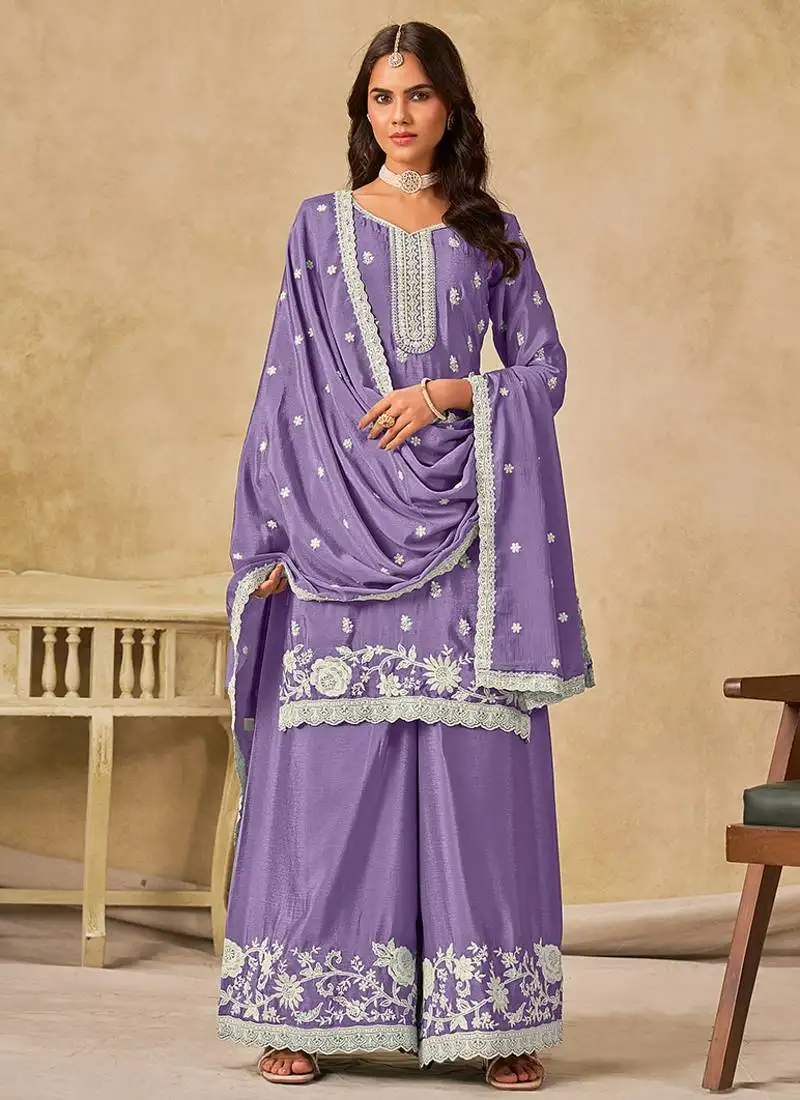 Lavender embroidered chinon palazzo suit semi stitched