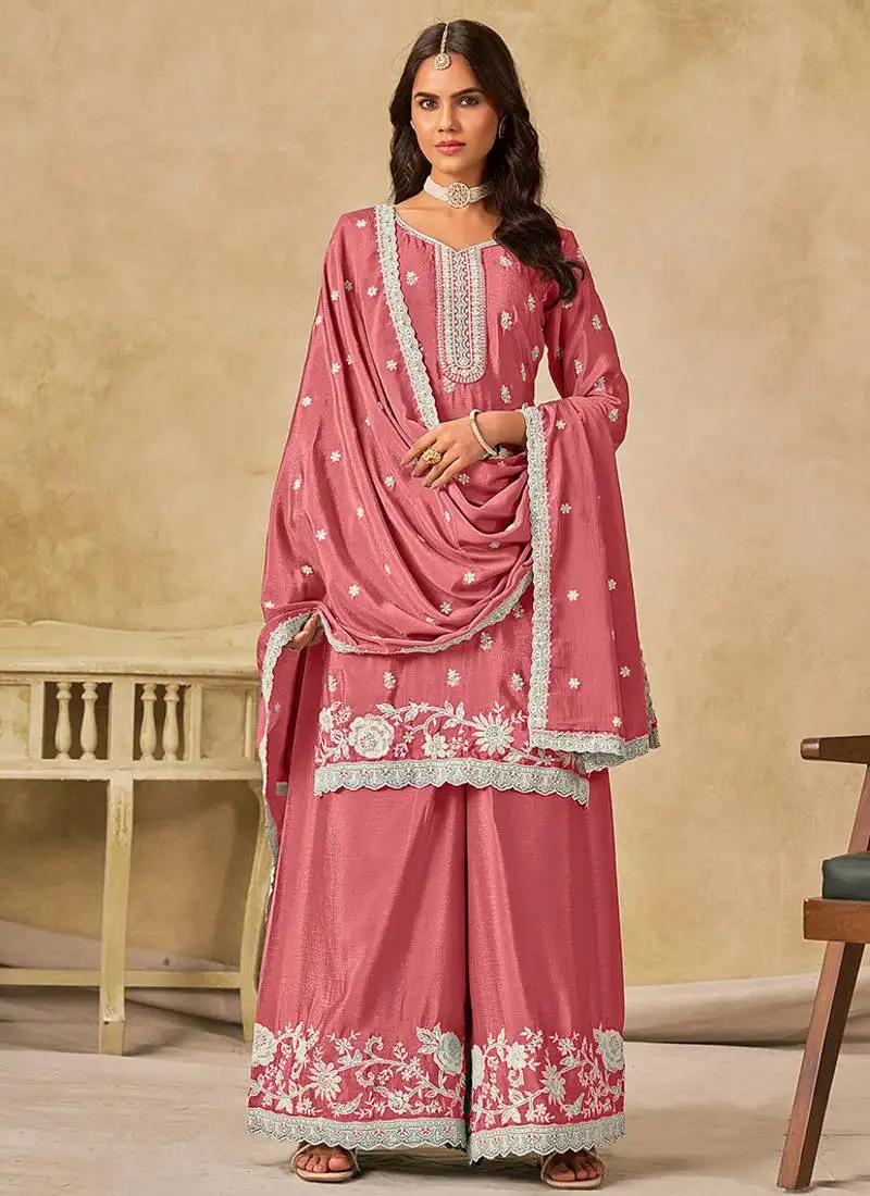 Pink embroidered chinon palazzo suit semi stitched