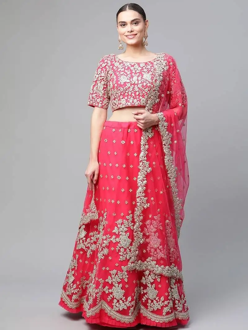 Women's pink sequins and dori embroidered soft net festive & party wear semi stitched lehenga