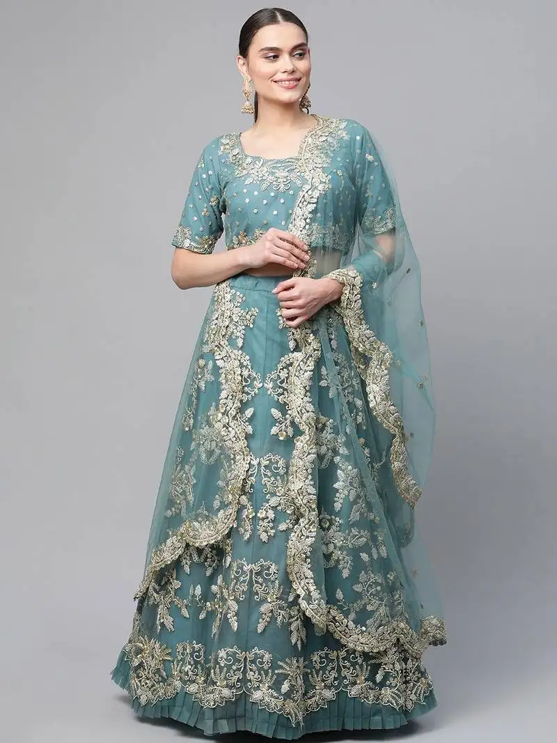 Women's turquoise sequins and dori embroidered soft net festive & party wear semi stitched lehenga