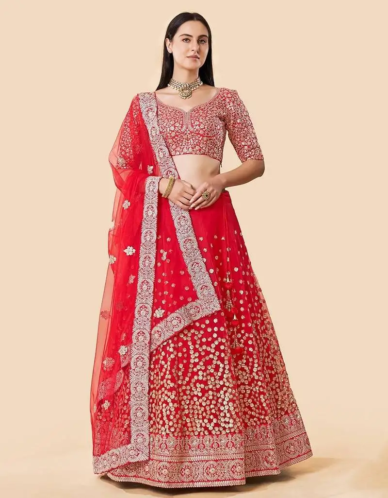 Women's red zari worked soft net wedding wear lehenga choli