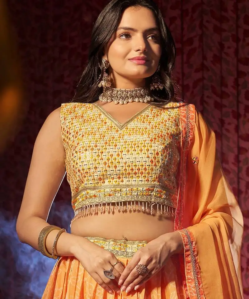 Pink art silk embroidered bnadhini print umbrella lehenga party wear