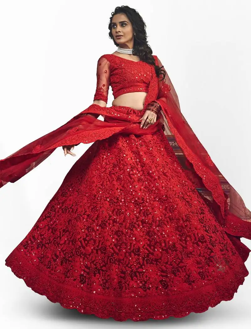 Women's red zarkan and dori embroidered net lehenga choli