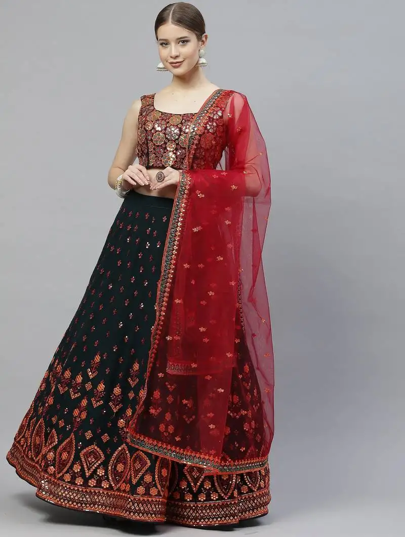 Womne's green & deep pink gotta patti with thread and sequins embroidered georgette semi stitched lehenga
