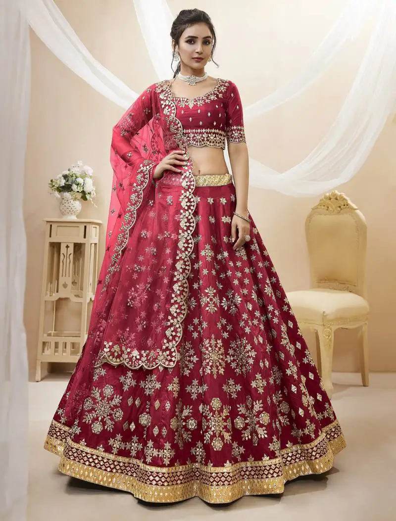 Women's maroon art silk embroidered lehenga choli with net dupatta