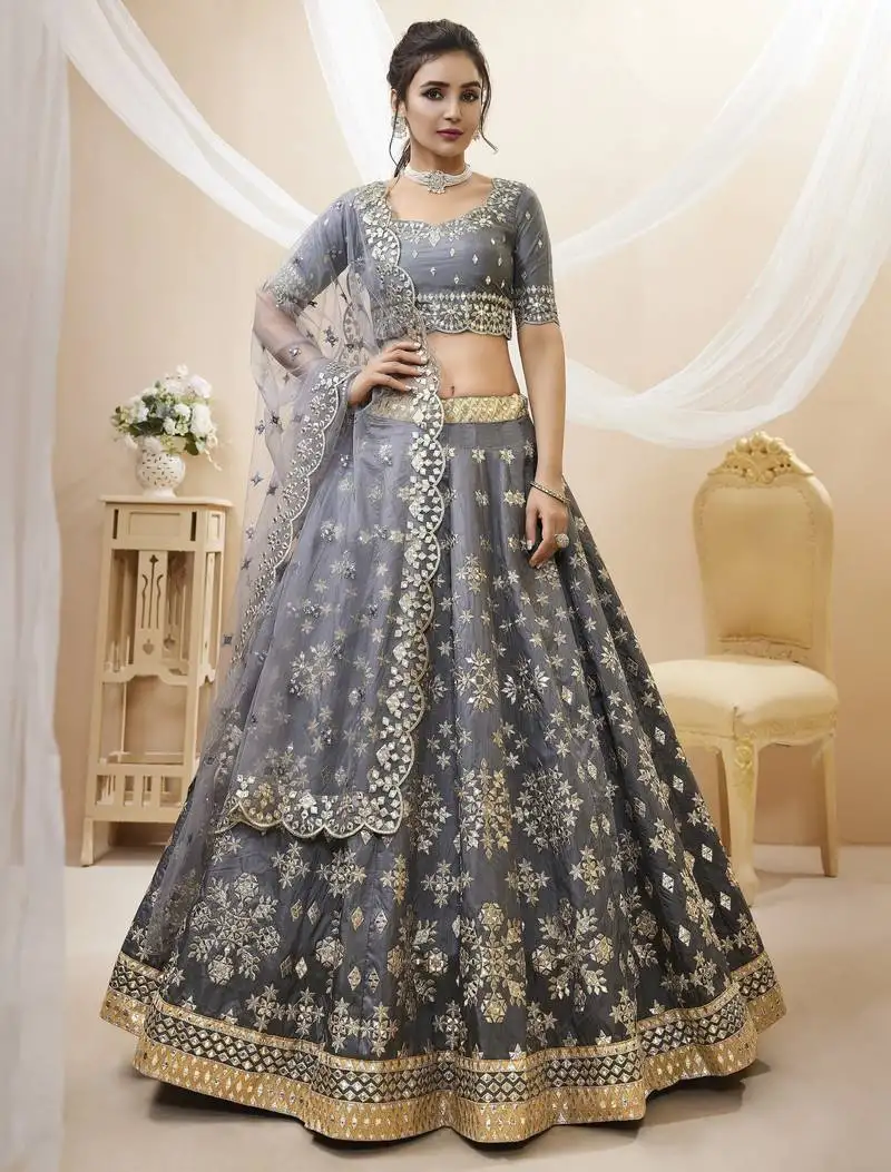 Dazzling grey embroidered work art silk bridesmaid lehenga choli