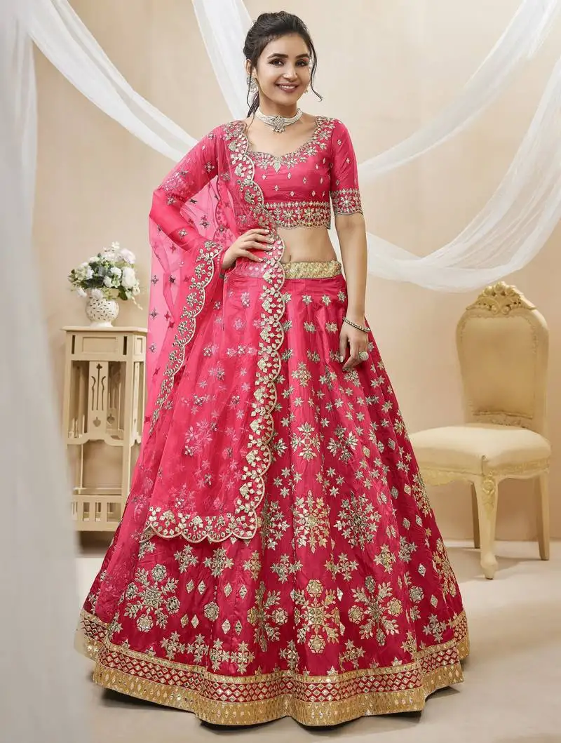 Women's pink embroidered work art silk bridesmaid lehenga choli