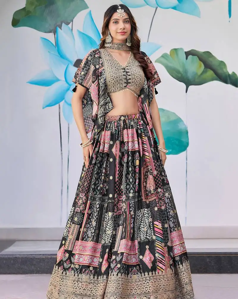 Black chinon silk digital print zari embroidered lehenga wedding wear
