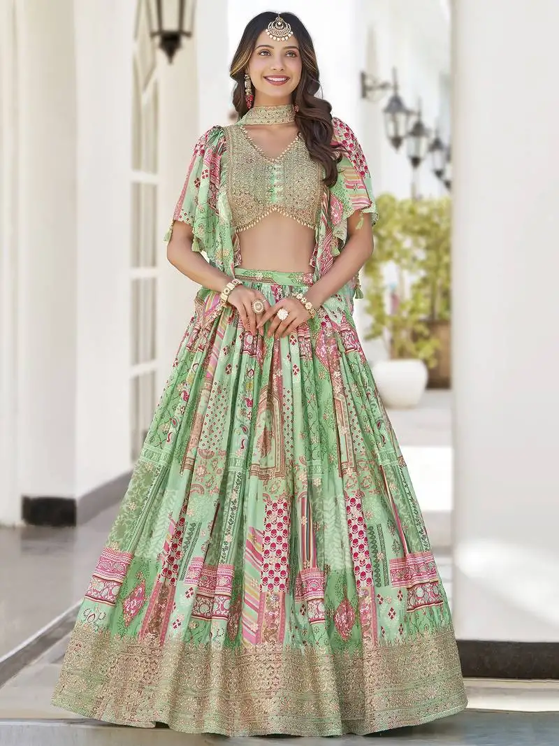 Green chinon silk digital print zari embroidered lehenga wedding wear