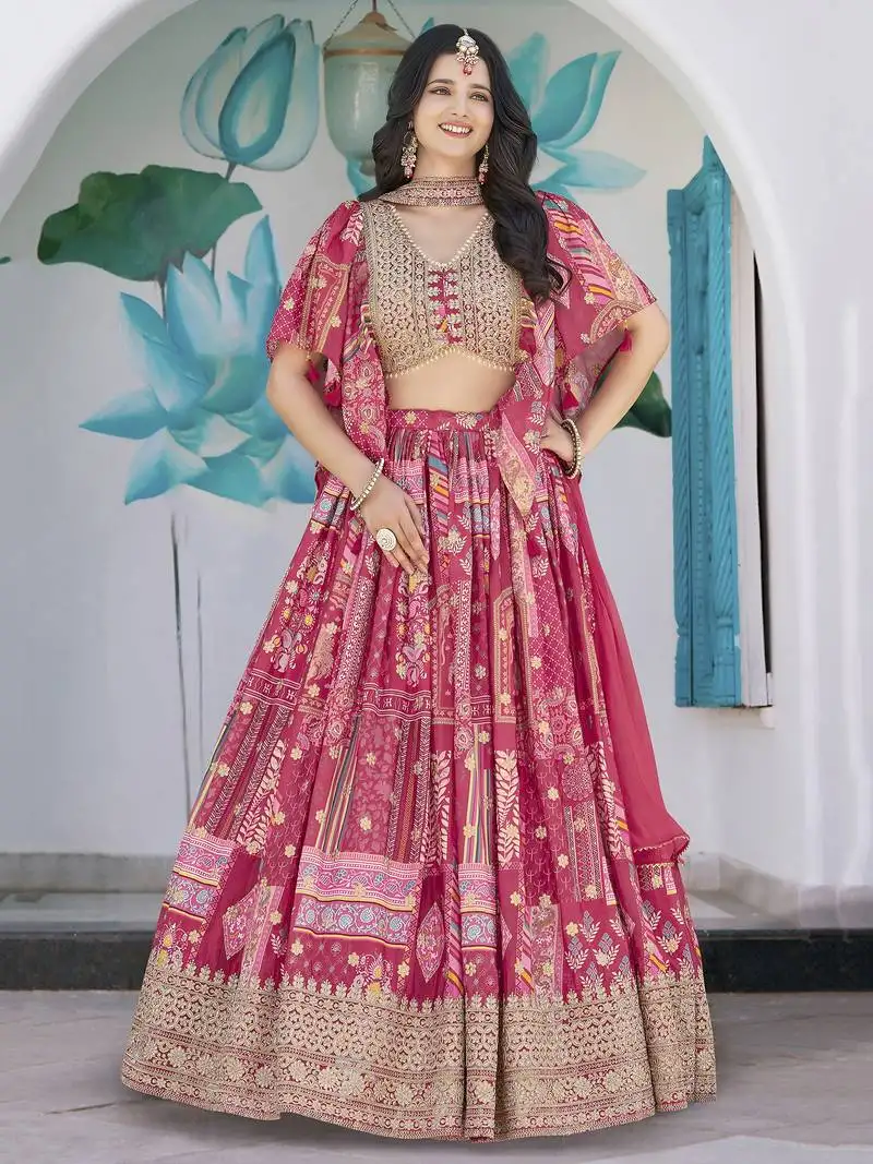 Pink chinon silk digital print zari embroidered lehenga wedding wear