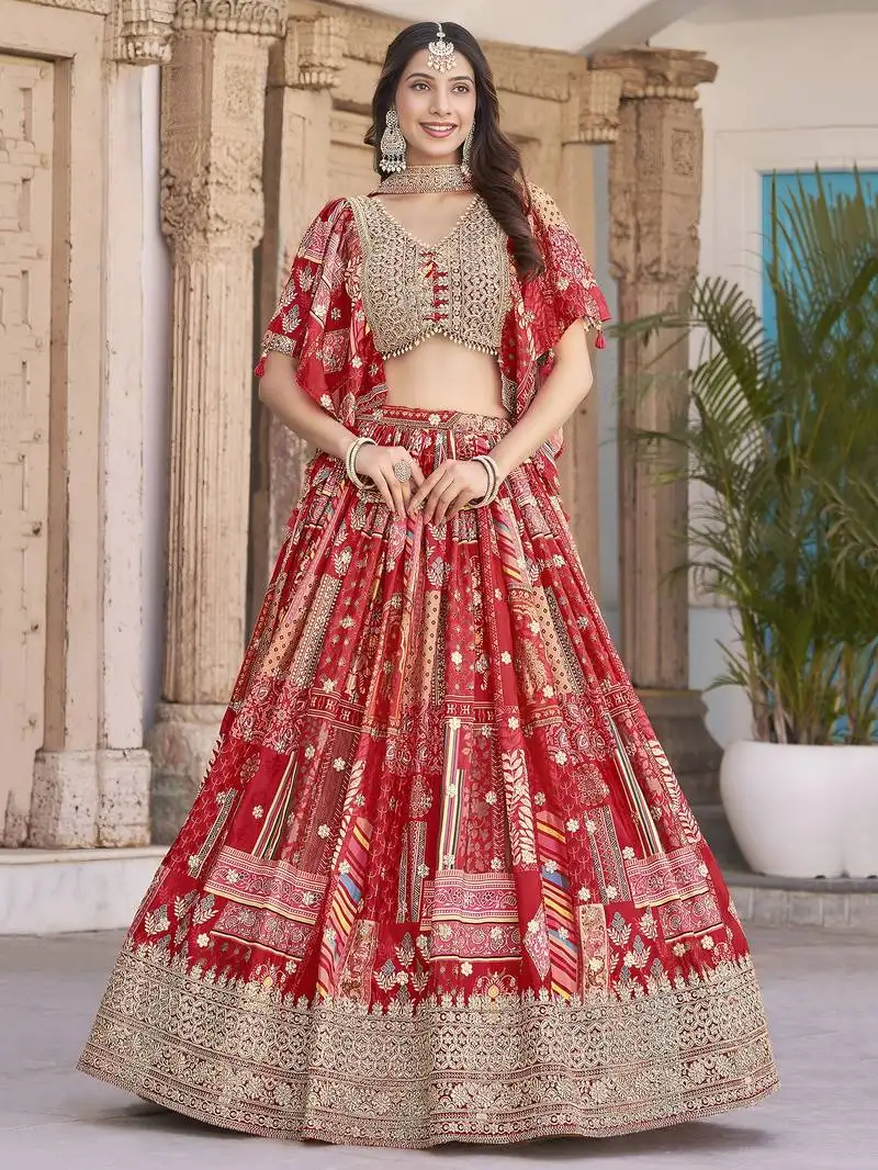 Red chinon silk digital print zari embroidered lehenga wedding wear