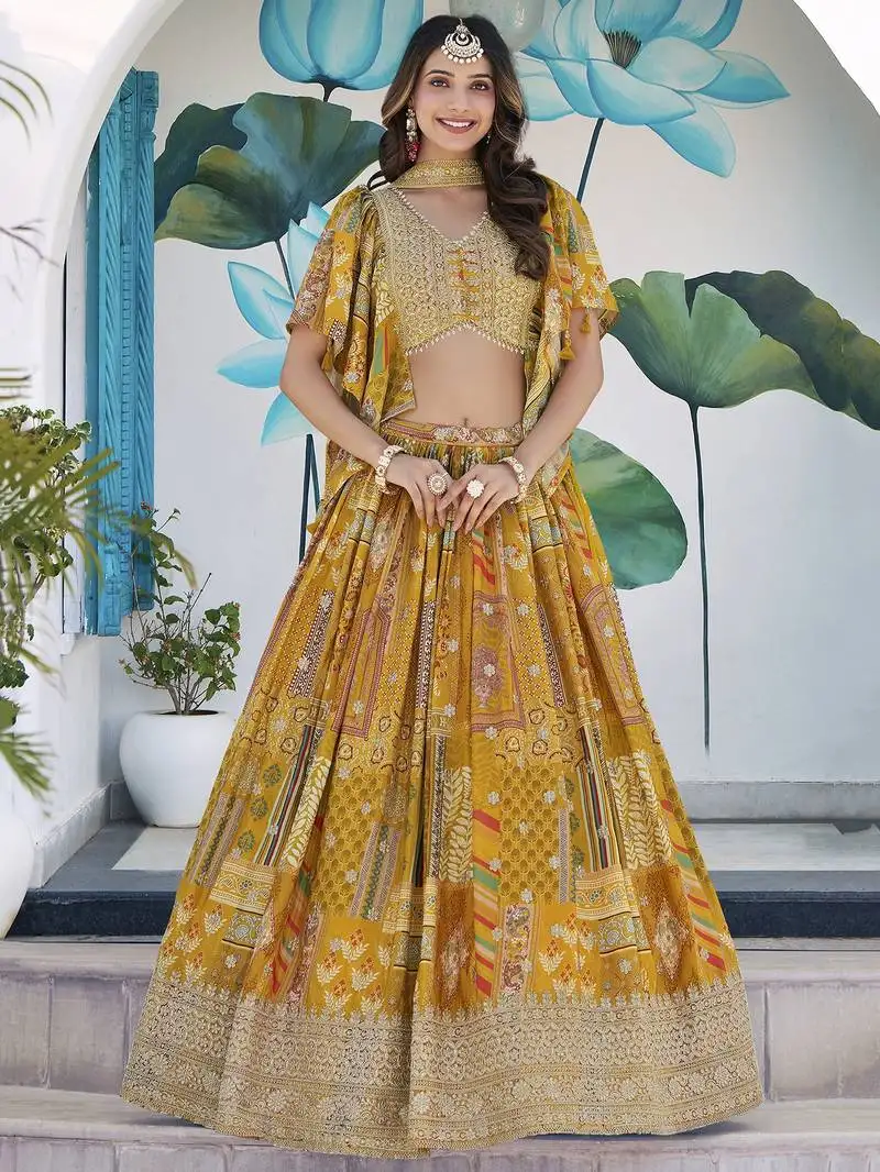 Yellow chinon silk digital print zari embroidered lehenga wedding wear