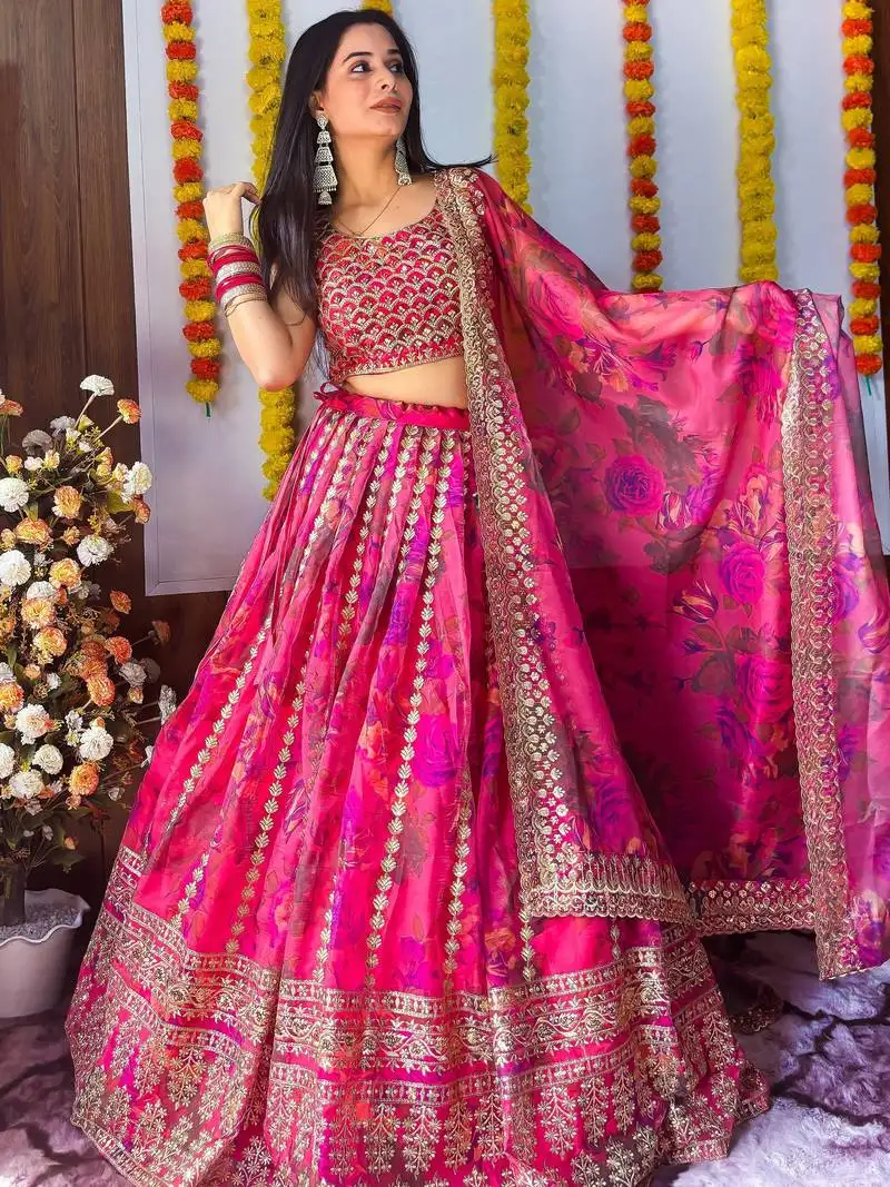 Women's pink floral printed organza bridesmaid lehenga choli