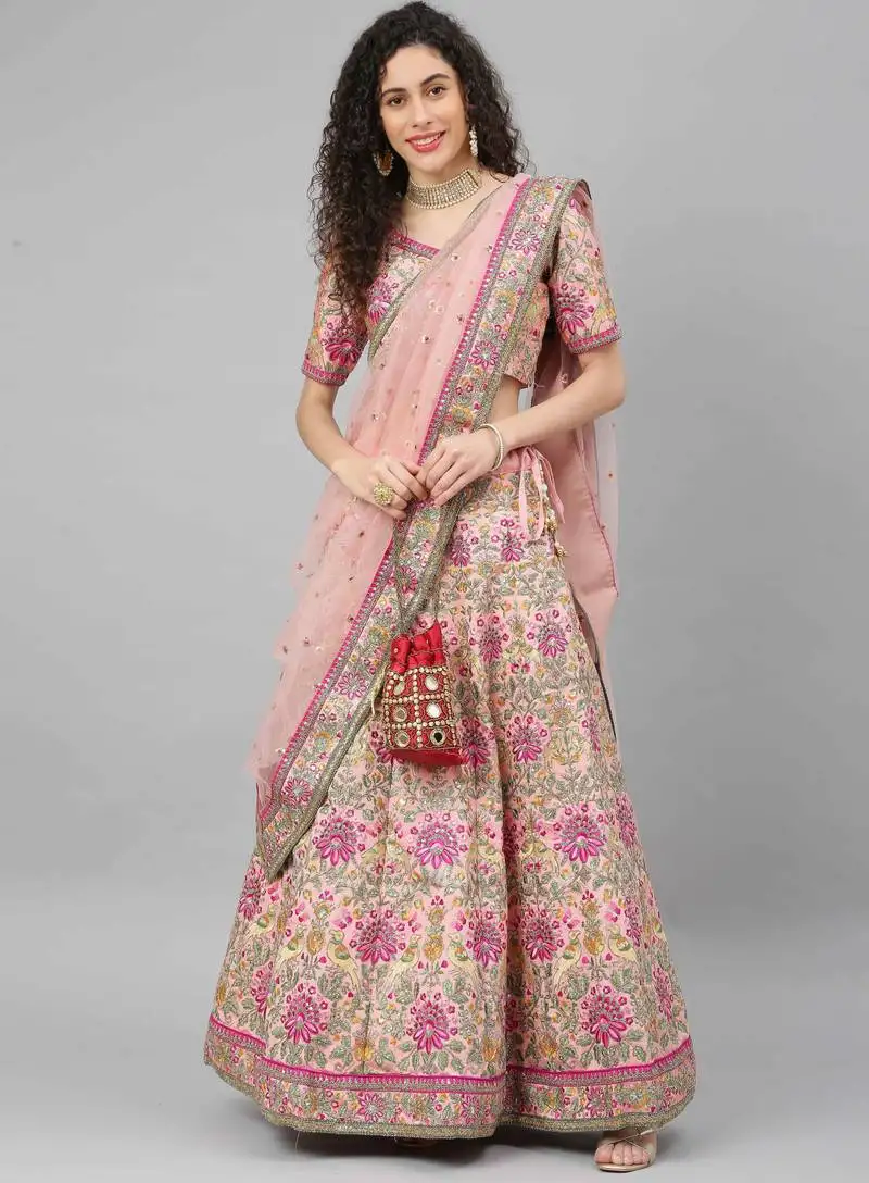 Women's baby pink dori, zari and thread embroidered silk bridal wedding party wear lehenga