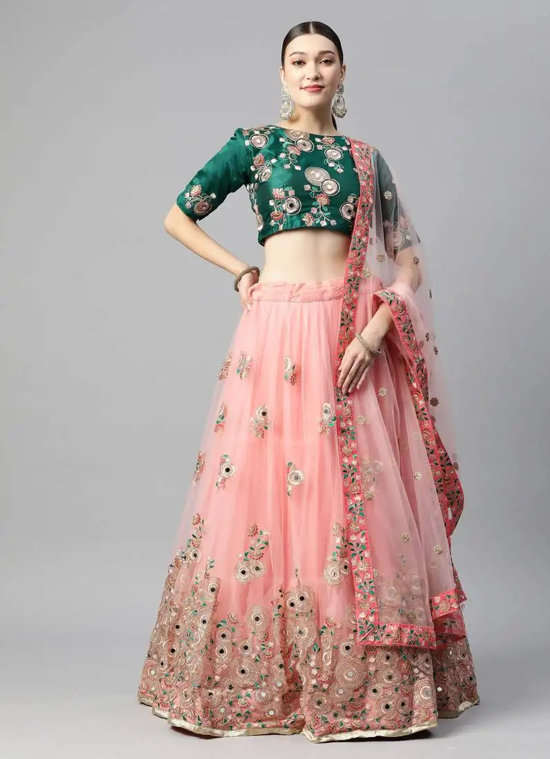 Exotic green and peach net thread & zari embroidered with mirror wedding lehenga choli with dupatta