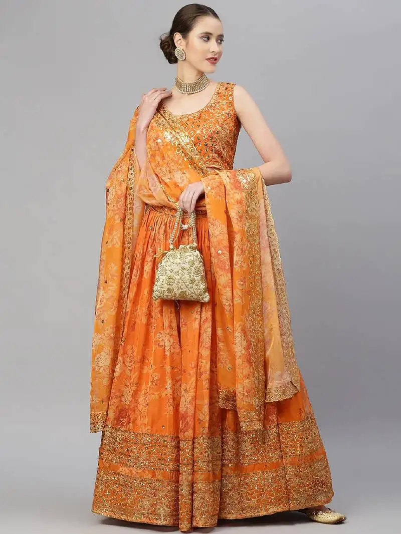 Orange & gold-toned embellished sequinned semi-stitched lehenga & unstitched blouse