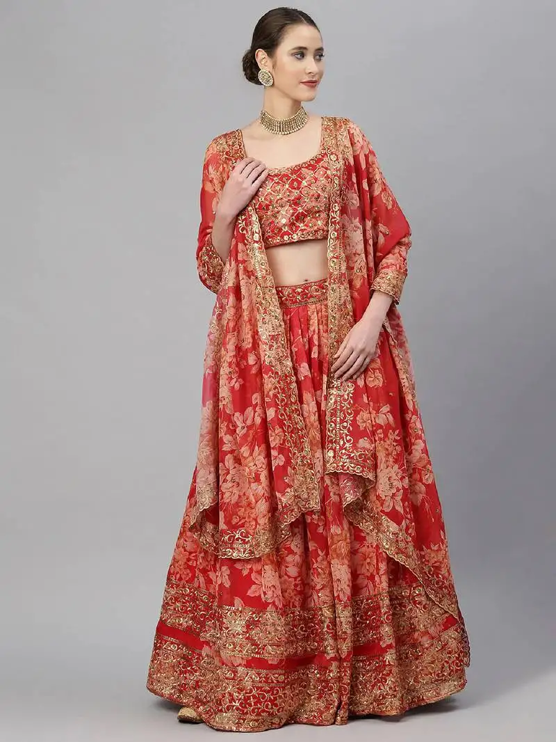 Red & gold-toned embellished sequinned semi-stitched lehenga & unstitched blouse
