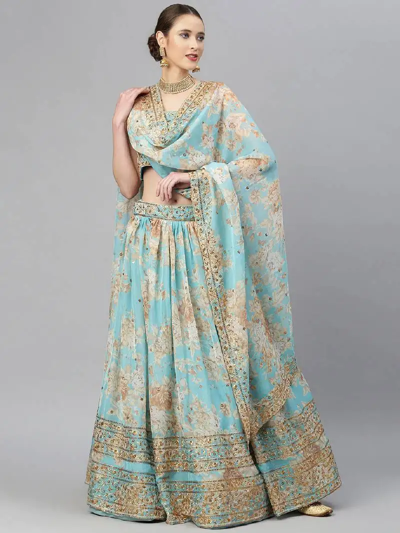 Blue & peach-coloured embellished sequinned lehenga & unstitched blouse