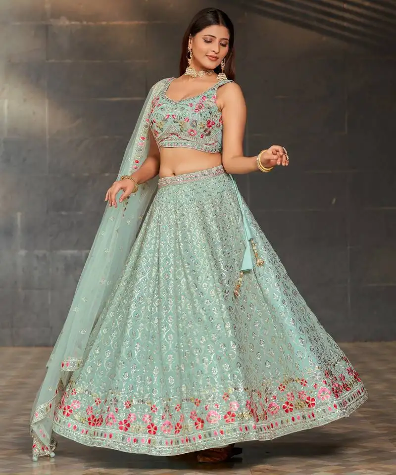 Ethnic faux georgette embroidered zari umbrella lehenga party wear