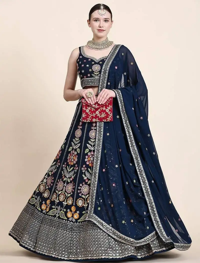 Outstanding navy blue floral embroidered georgette sangeet wear lehenga choli