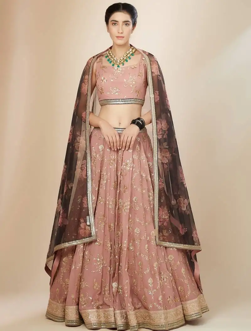 Pink georgette digital print zari embroidered sequins lehenga wedding wear